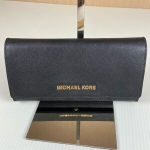 Michael Kors Black Saffiano Leather Flap Wallet Gold Logo